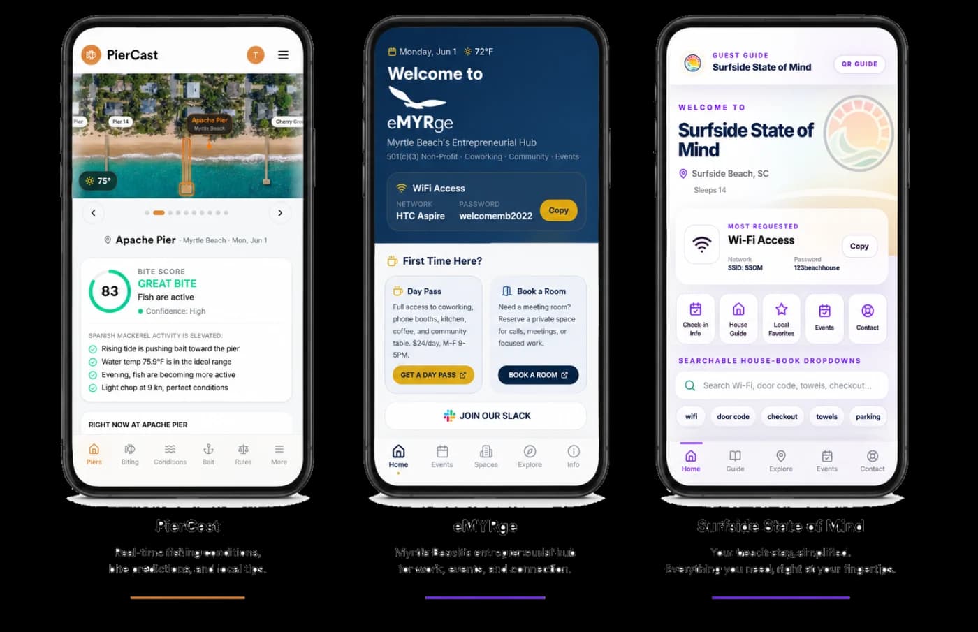 Plaqrd digital guides on mobile — PierCast, eMYRge, and Surfside State of Mind