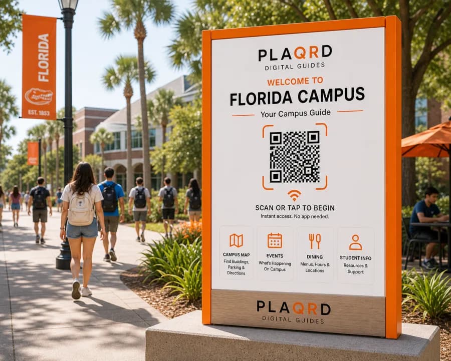 Plaqrd walk-up campus guide sign with a QR code for the campus map, events, dining and student information
