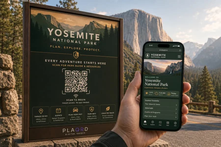 Plaqrd national park guide sign with a QR code for hikes, waterfalls and park information shown on a phone