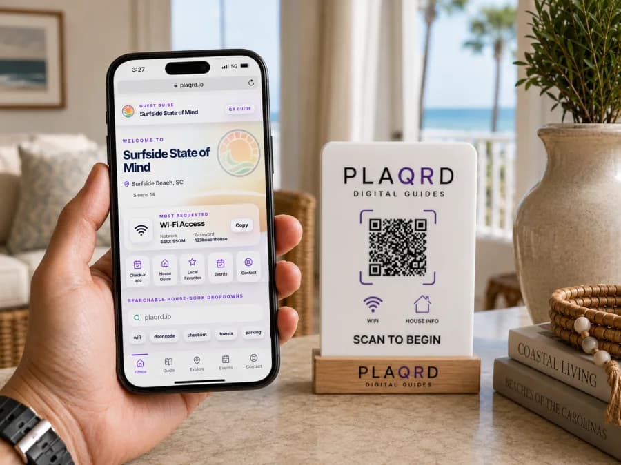 Plaqrd digital guest guide for a vacation rental, with the QR plaque beside a phone showing Wi-Fi, check-in and local favourites