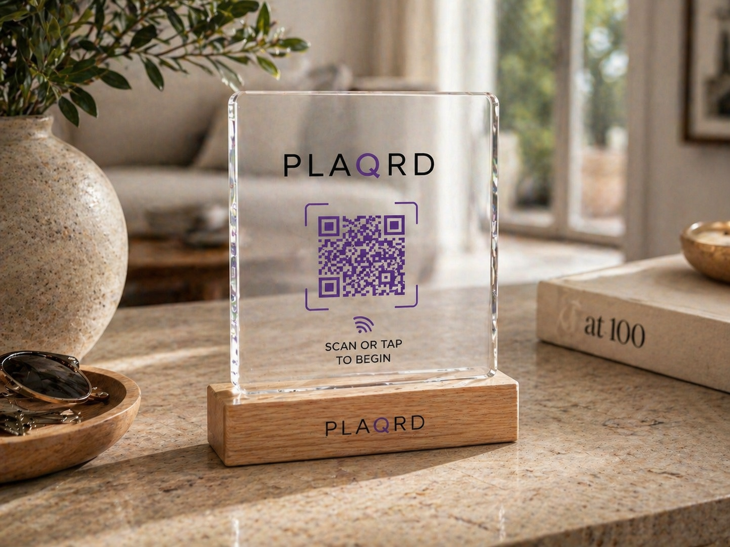 Plaqrd acrylic QR plaque on a table