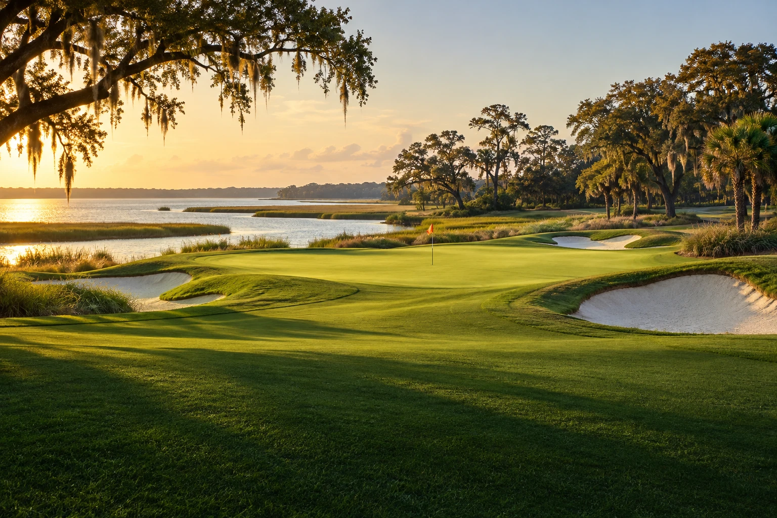 Photorealistic coastal golf-course concept with a green and orange flag