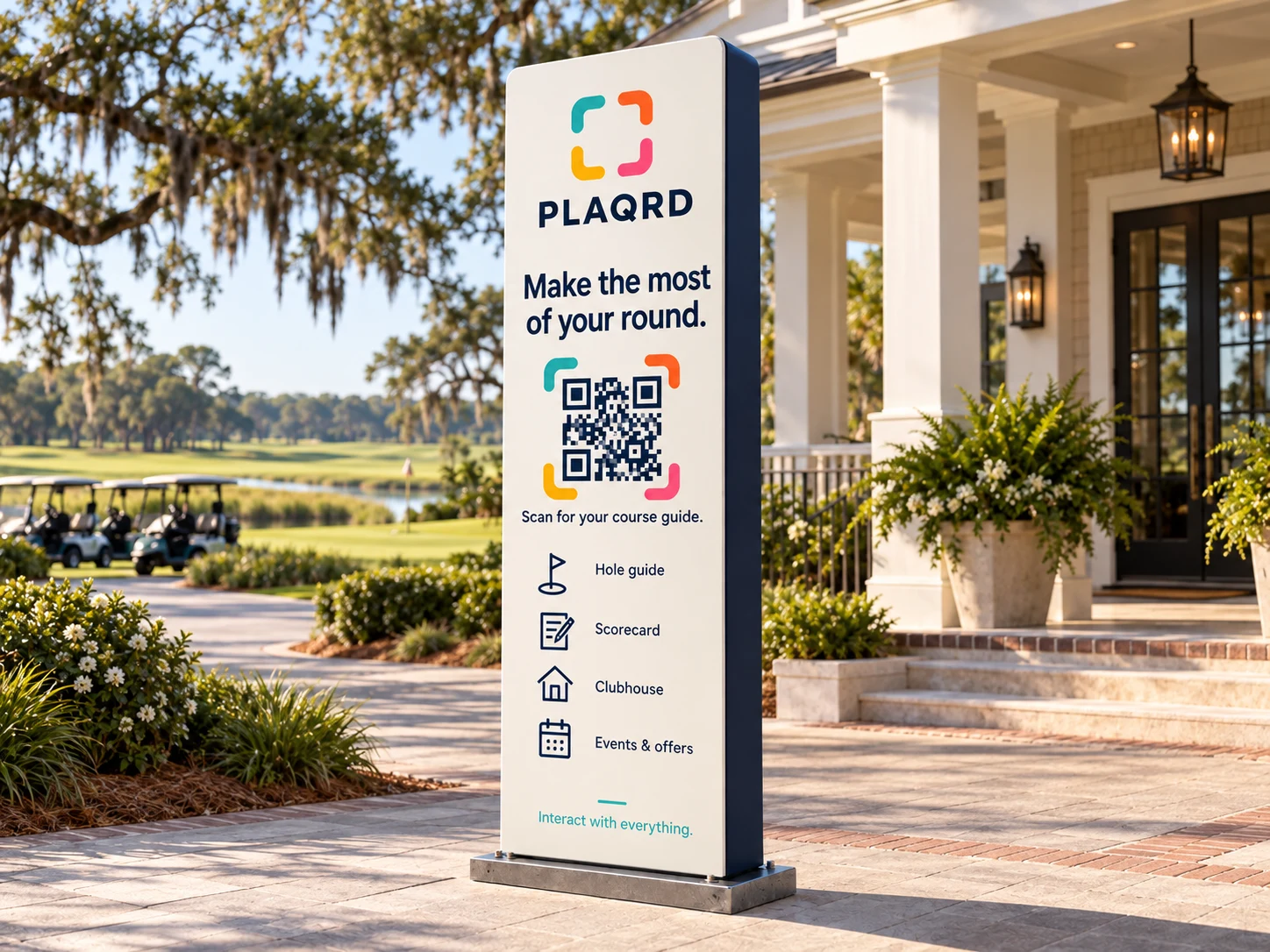 An ivory PLAQRD monolith outside a golf clubhouse with a course-guide QR code