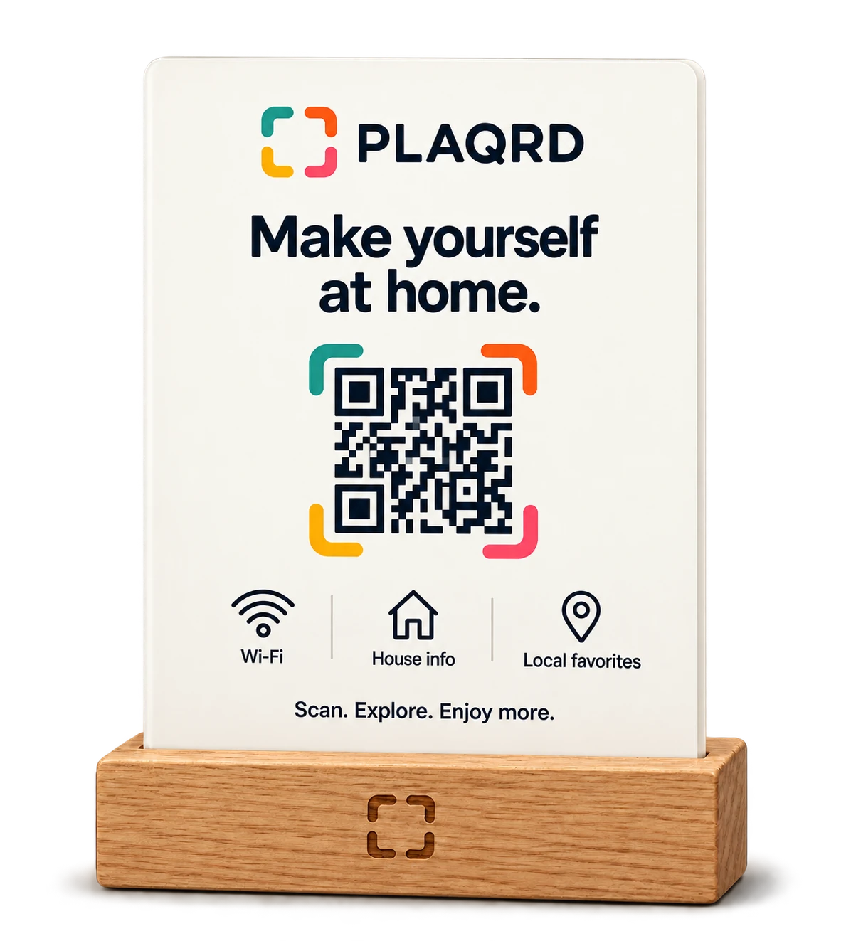 Ivory PLAQRD guest-guide plaque in a solid oak base, in the new four-color branding